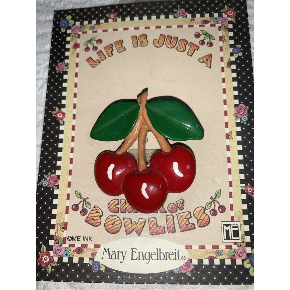 Mary Engelbreit "Life is Just a Chair of Bowlies" Pin Brooch Cherries Vintage